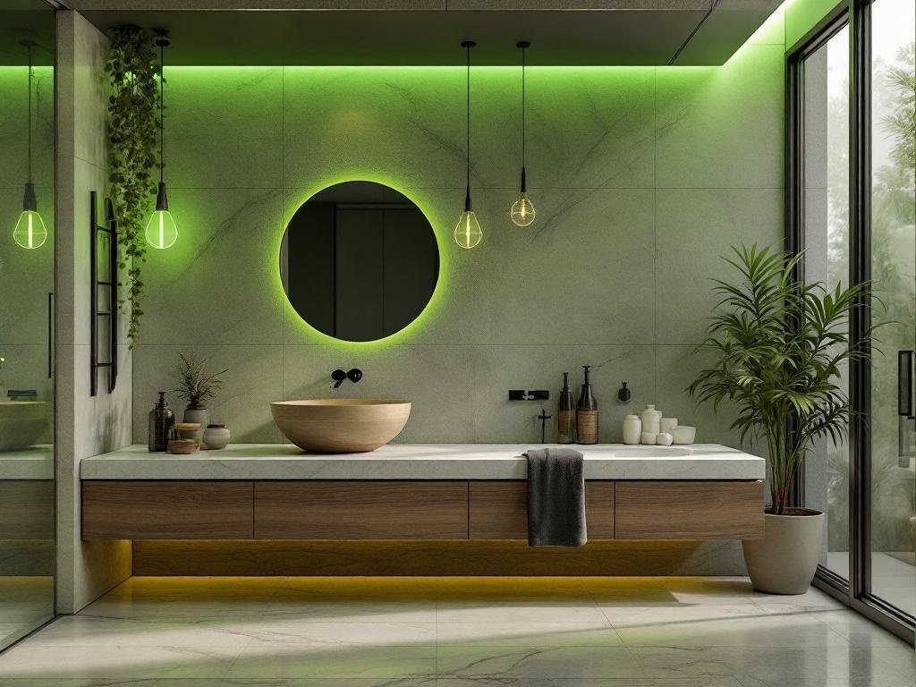 Modern bathroom with olive green lighting fixtures and a wooden sink