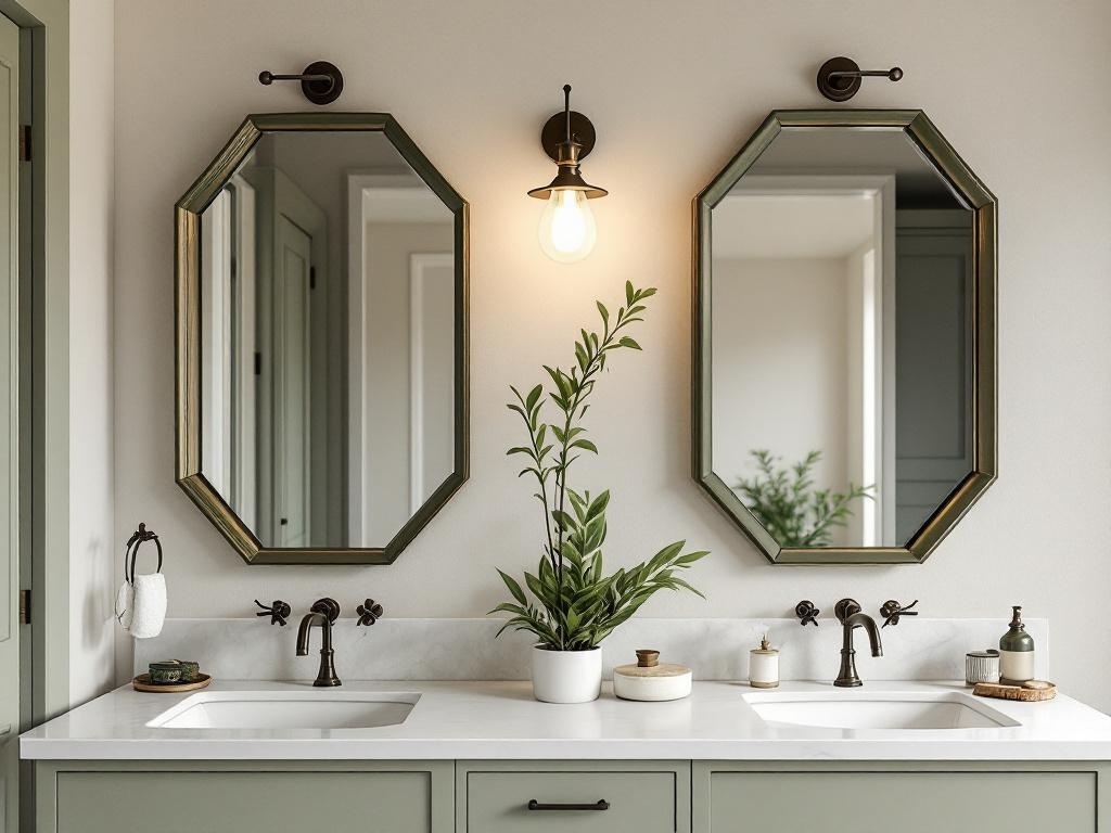 Olive green bathroom with octagonal mirrors and a plant