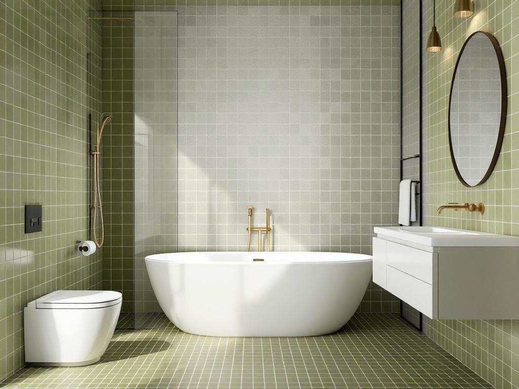 A modern bathroom featuring olive green mosaic tiles on the walls and floor, with a white bathtub and gold fixtures.