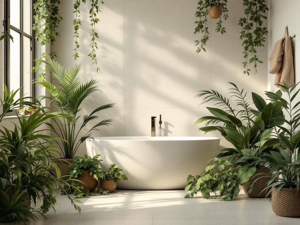 A serene bathroom with olive green plants surrounding a white bathtub, featuring hanging plants and potted greenery.