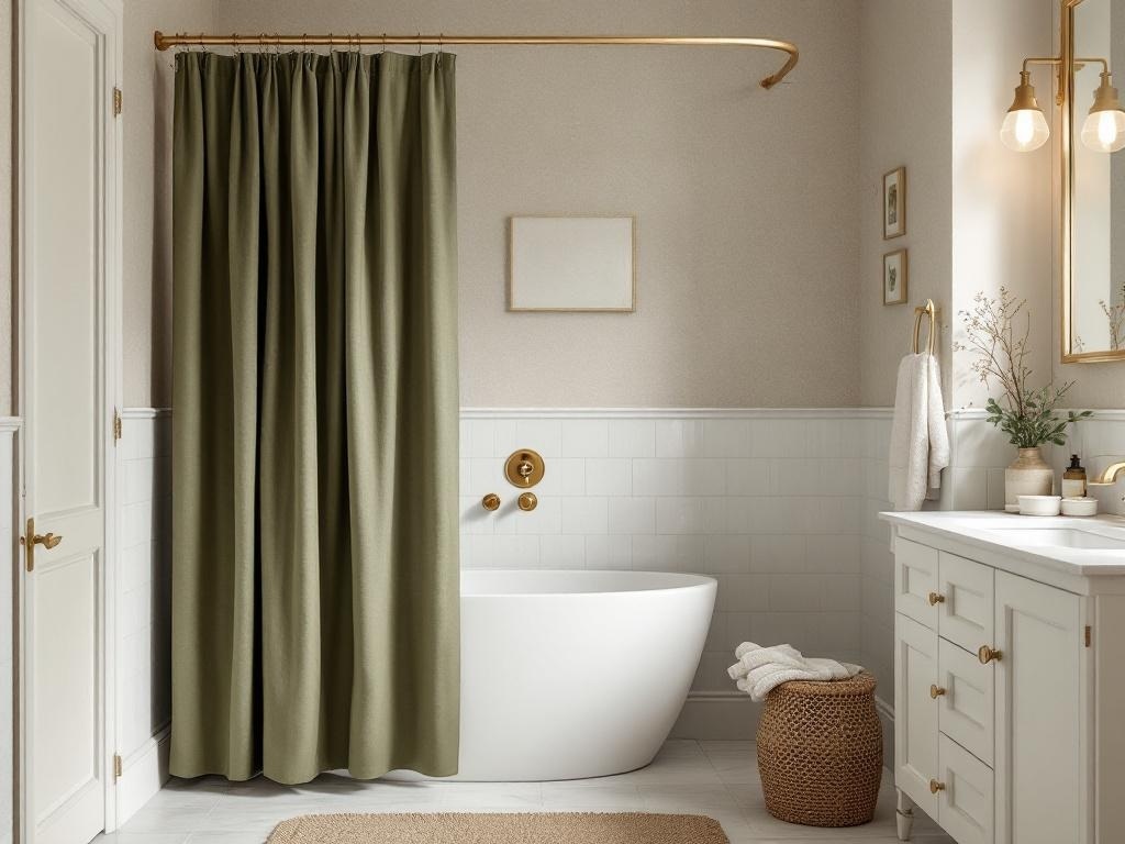 A bathroom featuring an olive green shower curtain, white bathtub, and gold fixtures.