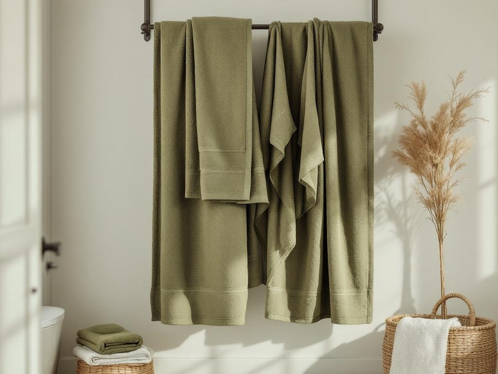 Olive green towels hanging in a bathroom setting