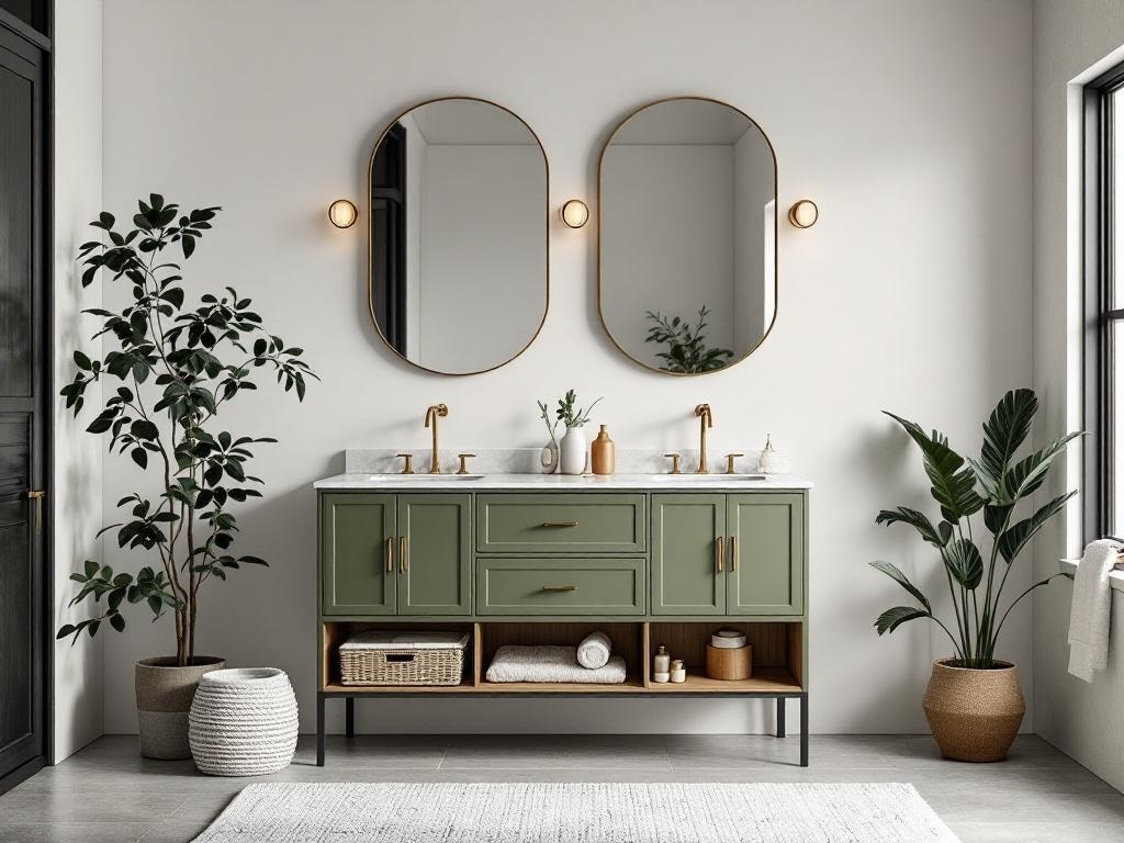 Modern olive green bathroom vanity with gold fixtures and plants