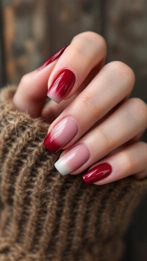 Ombre French tip nails in fall shades of red and pink.