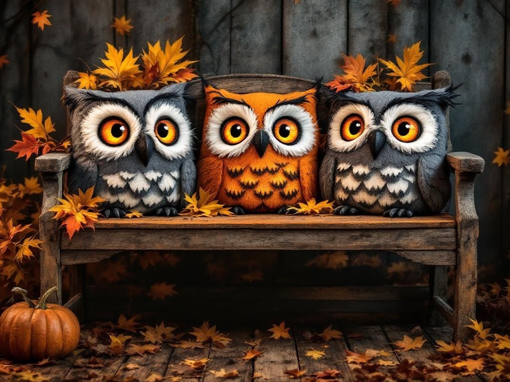 Three owl accent pillows in autumn colors on a wooden bench surrounded by leaves and a pumpkin