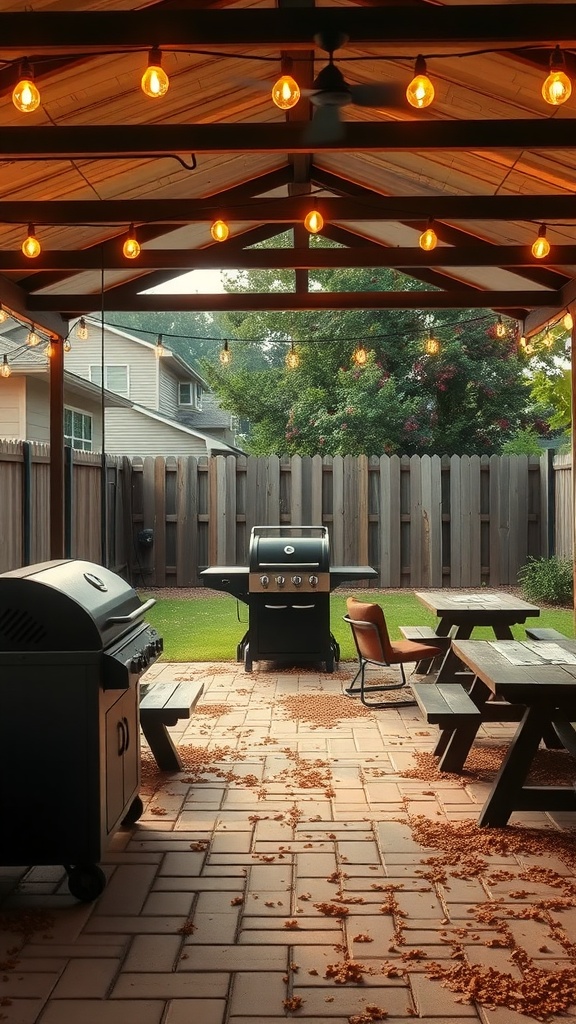 Open-air barbecue area with grills, picnic table, and string lights