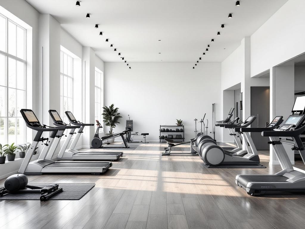 Modern home gym with open-concept layout and fitness equipment