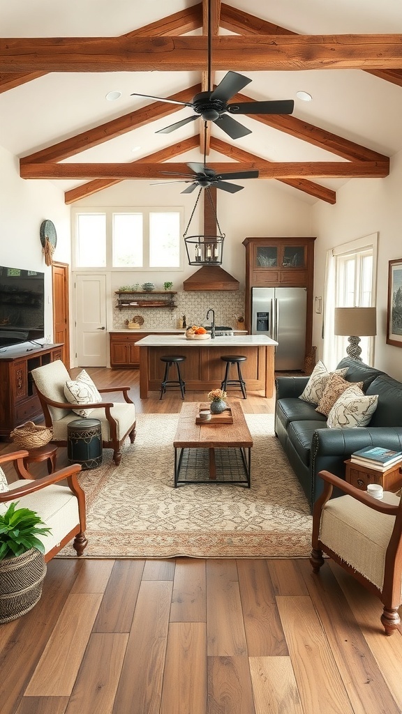 A rustic farmhouse living room with an open-concept layout, featuring wooden beams, comfortable seating, and a warm atmosphere.