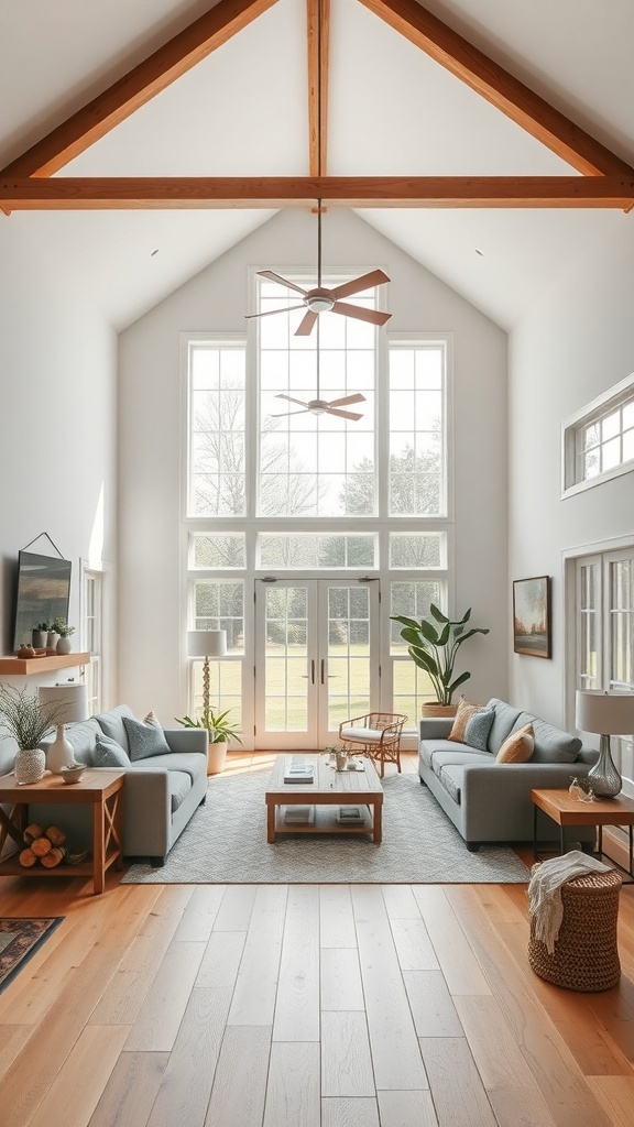 A spacious modern farmhouse living room with high ceilings, wooden beams, and large windows.