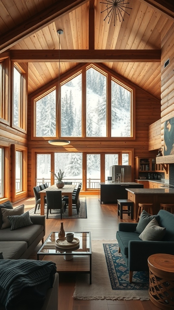 A cozy mountain cabin interior featuring an open-concept living space with large windows, wooden beams, and stylish furnishings.