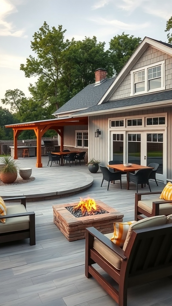 Modern farmhouse outdoor living space with seating and a fire pit