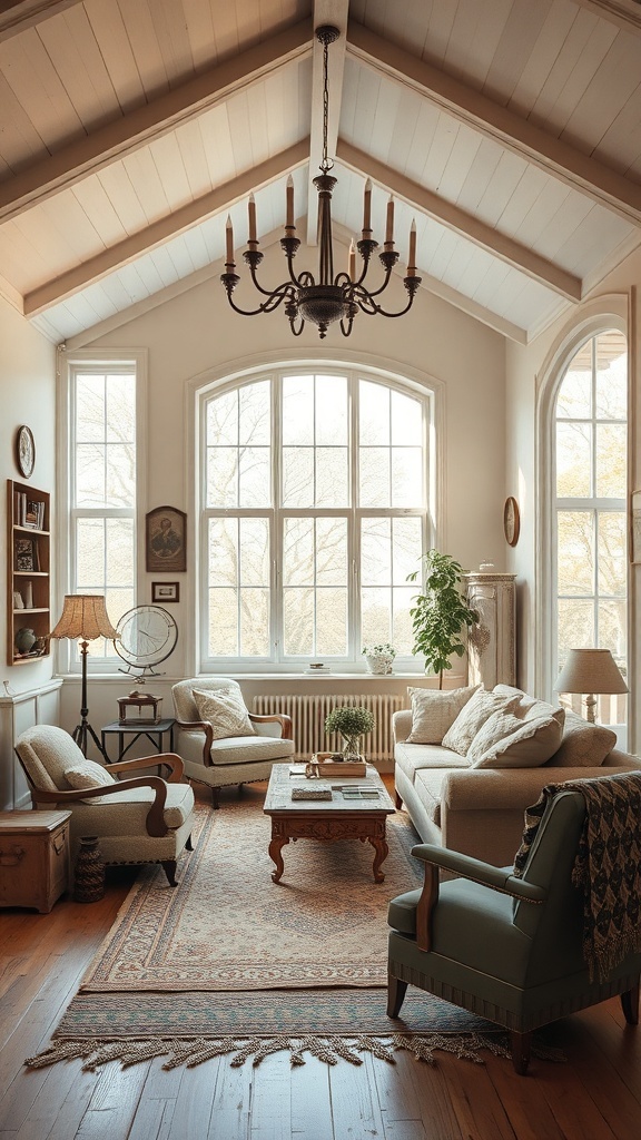A vintage cottage living room with large windows, cozy seating, and warm decor.