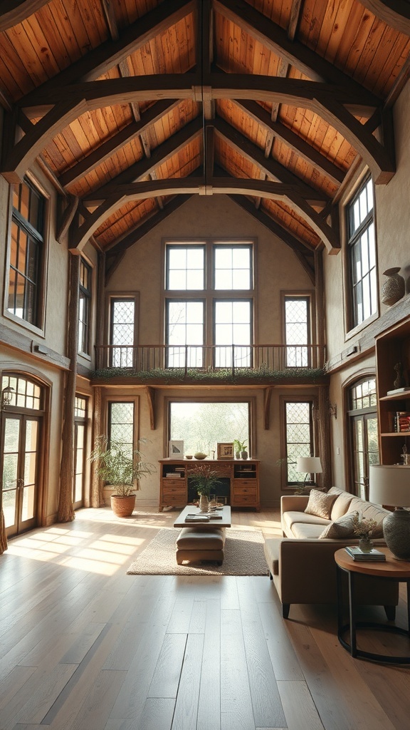 A spacious rustic room with open beamed ceilings, large windows, and natural wood elements.