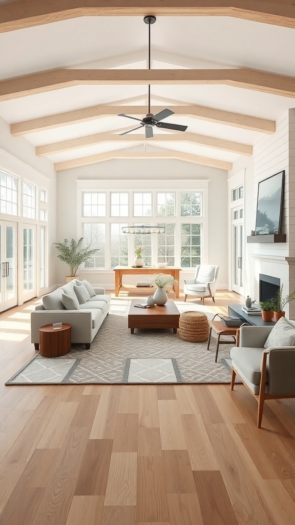 Contemporary farmhouse living room with open concept design featuring large windows and natural light.