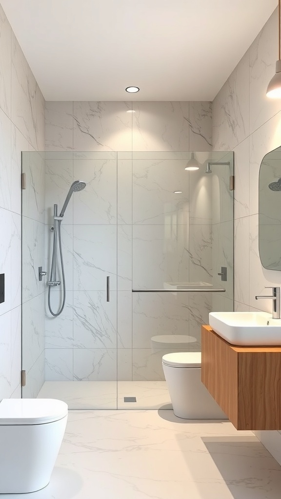 A modern rustic walk-in shower featuring glass panels and natural stone.