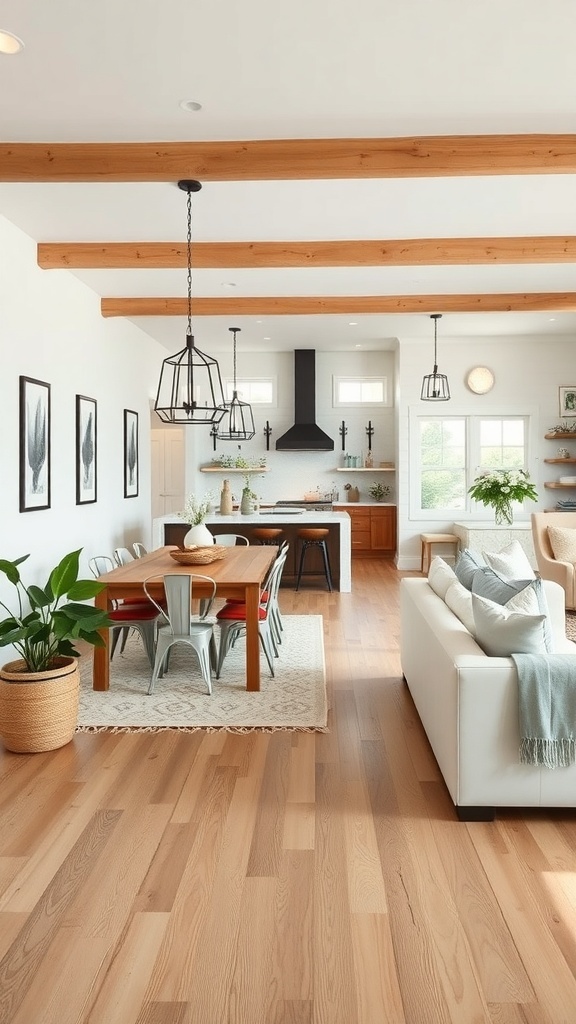 Modern farmhouse dining room with open concept design, featuring wooden beams and a cozy atmosphere.