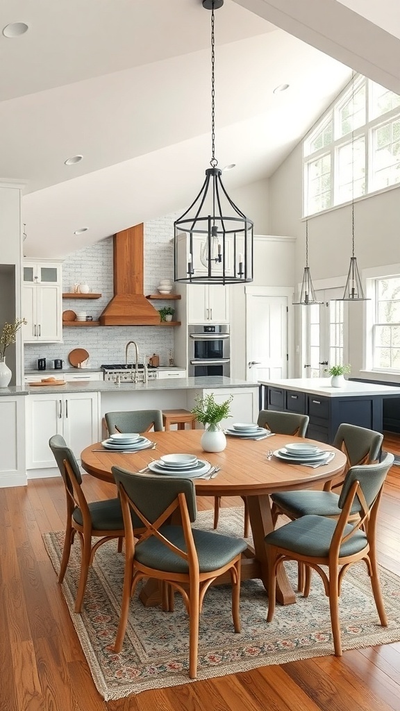 Modern farmhouse dining area with open concept design, featuring wooden tables and stylish seating.