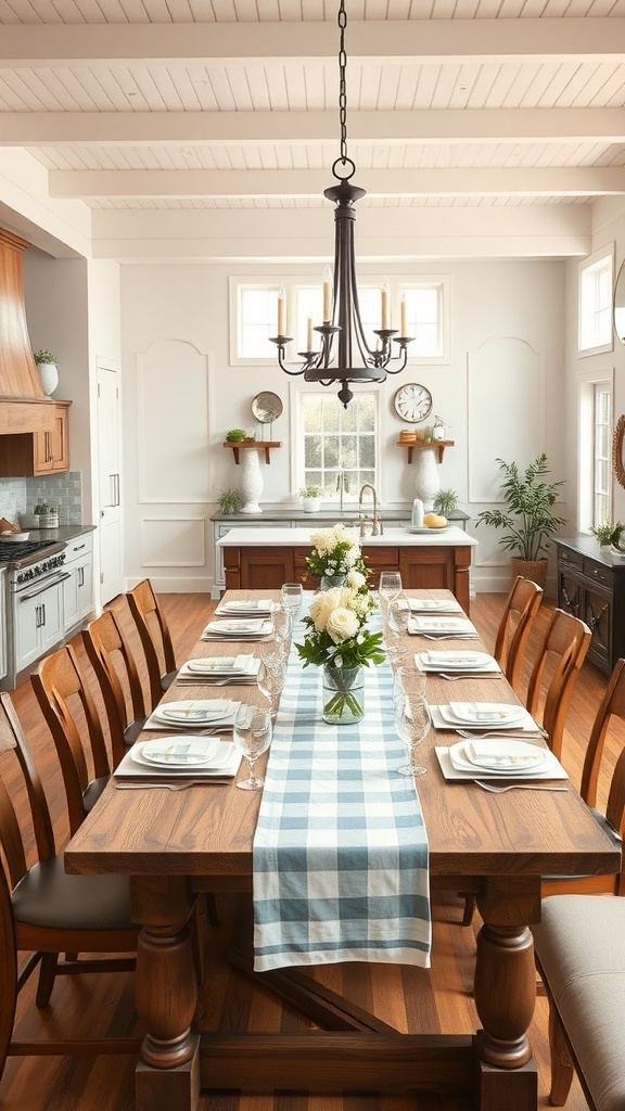 Open concept kitchen dining area with a long wooden table and blue and white table runner.