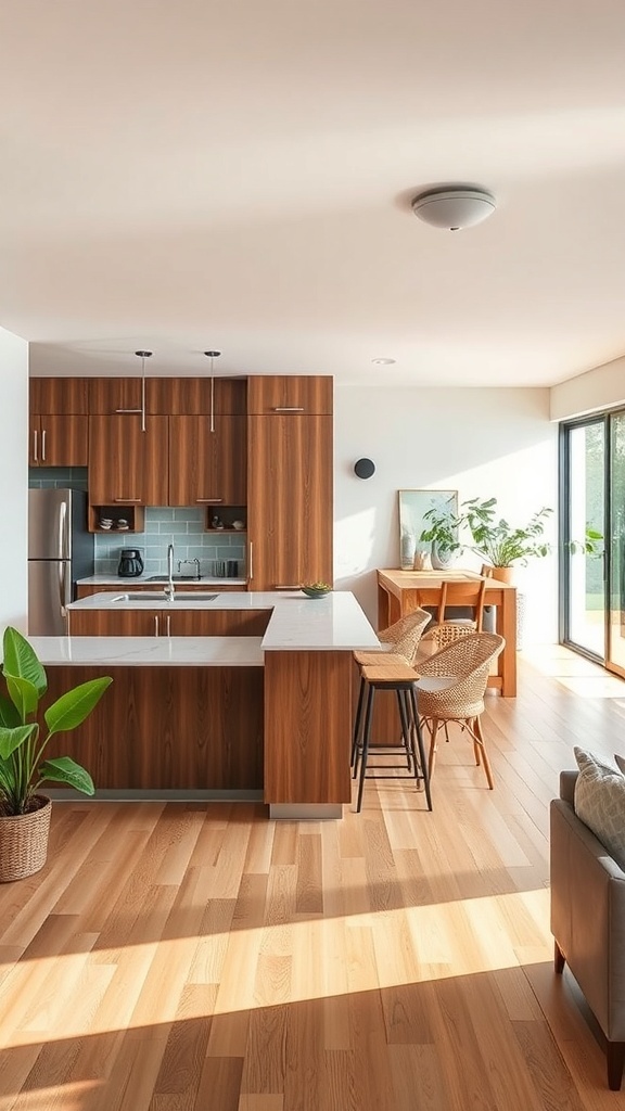 Modern farmhouse kitchen with open concept layout, featuring wooden cabinets and a cozy dining area.
