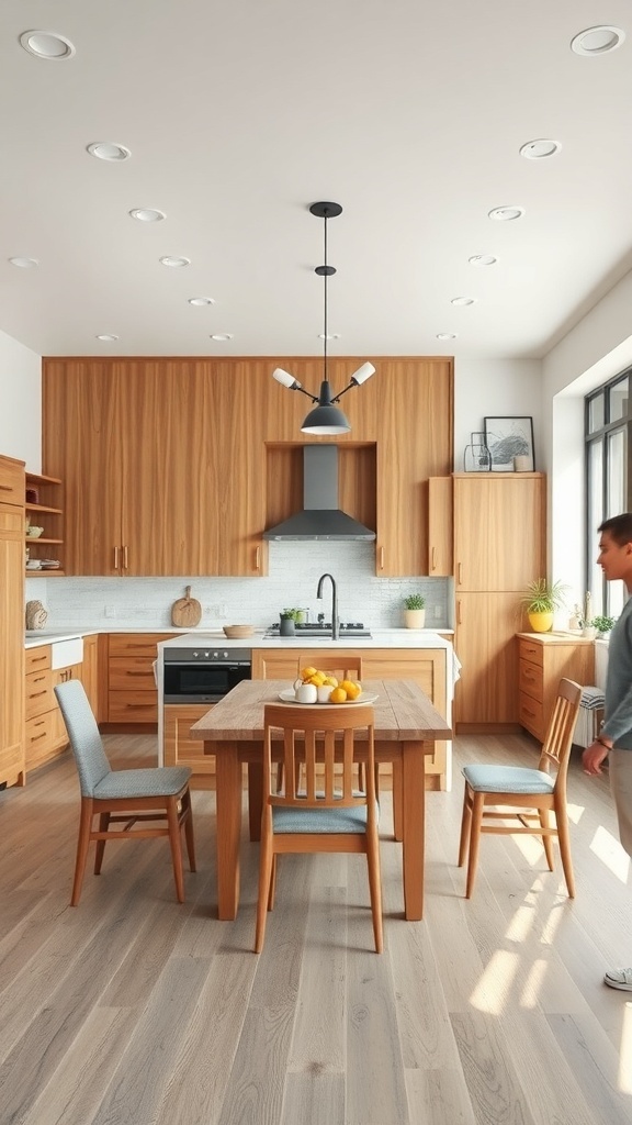 A bright and inviting farmhouse kitchen with wooden cabinets and a dining table.