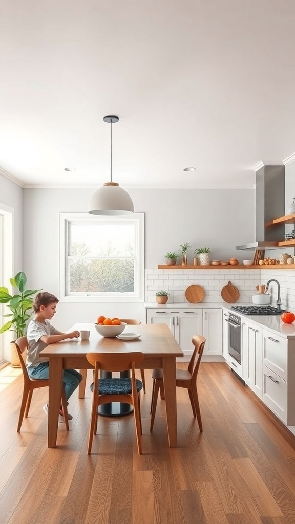 A cozy cottage farmhouse kitchen with a dining table, a child sitting at the table, and a bright, open layout.