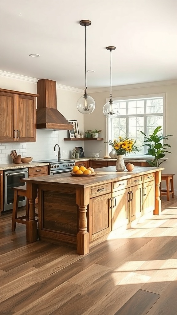 Rustic farmhouse kitchen island in an open concept layout