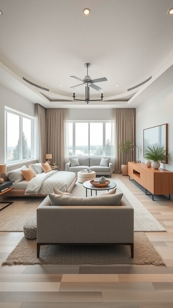 Modern farmhouse master suite with an open concept layout featuring a bedroom and sitting area.