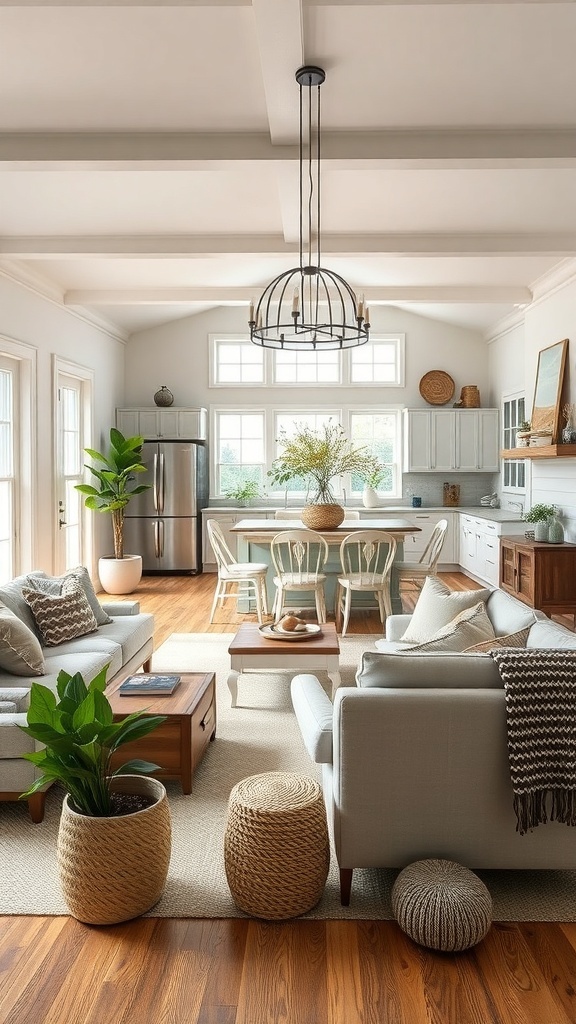 Cozy farmhouse living room with open concept layout, featuring comfortable seating and a dining area.