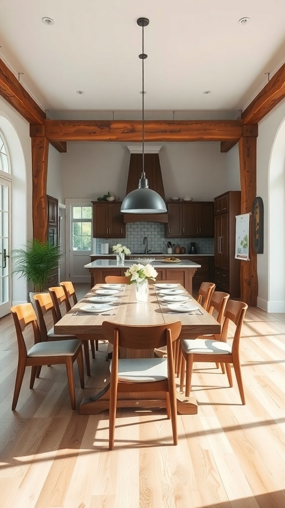 Rustic dining room with open concept layout featuring a large wooden table and chairs.