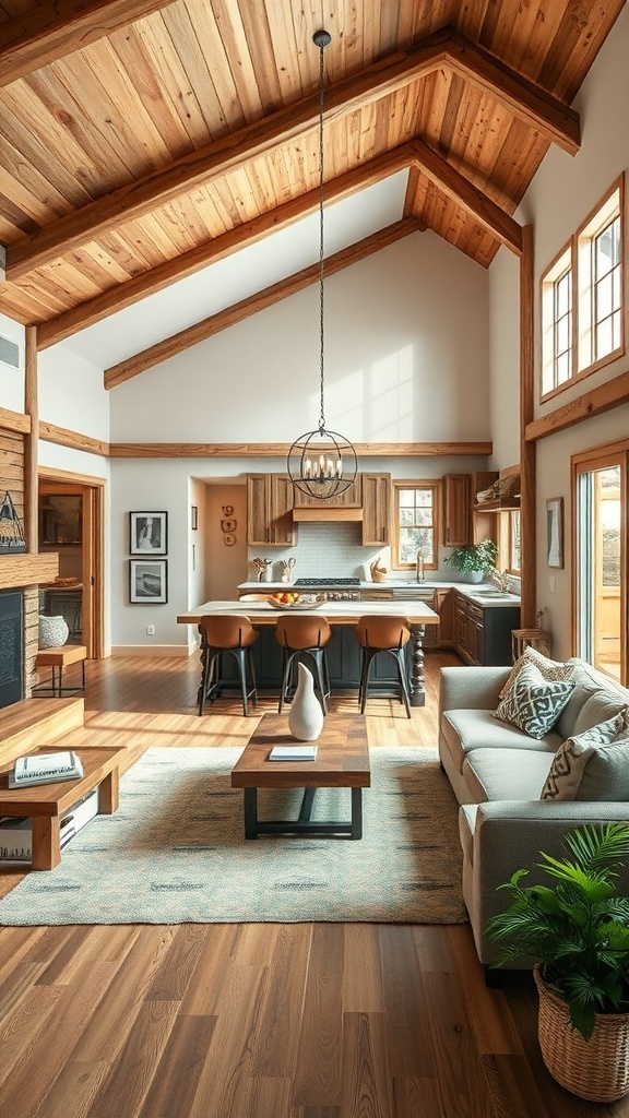 Interior of a rustic house featuring an open concept layout with wooden beams and a cozy living area.