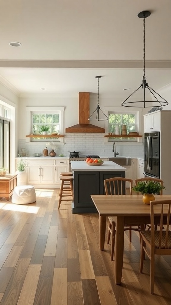A bright farmhouse kitchen with an open layout, featuring wooden floors, a central island, and large windows.