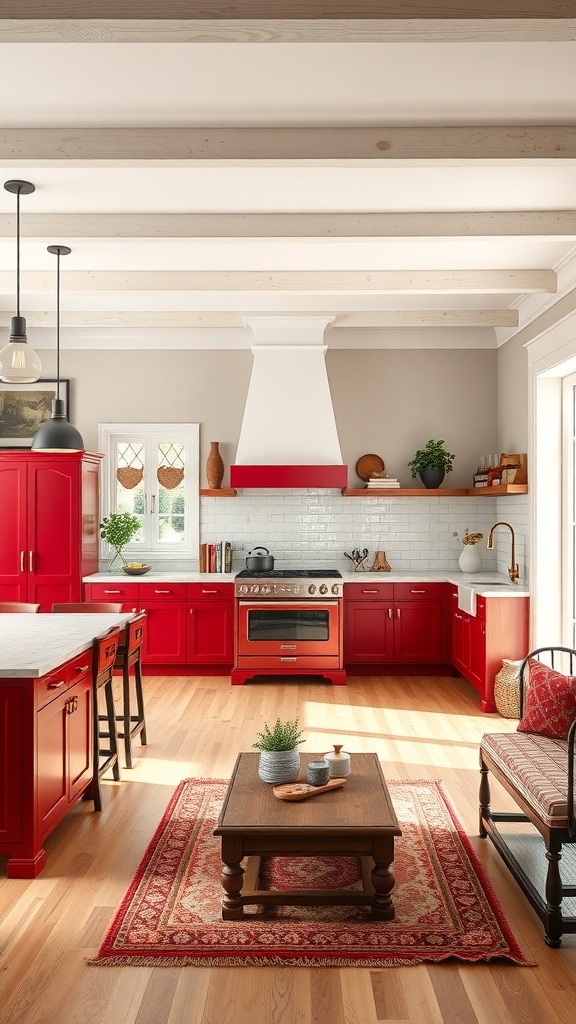 A bright red farmhouse kitchen with an open layout, featuring red cabinets, a wooden table, and natural light.