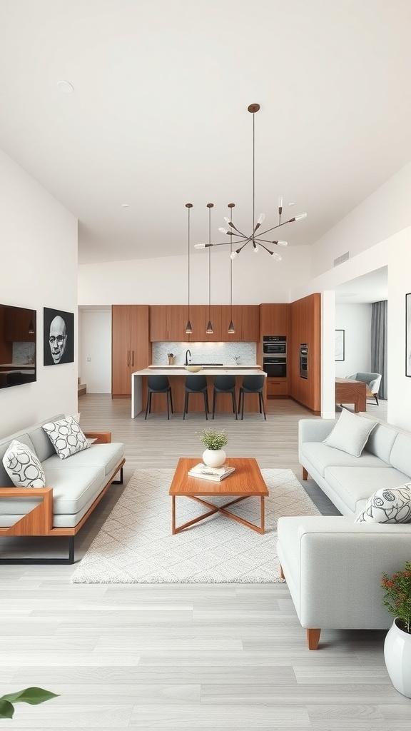 Modern open concept living room with light colors and wooden accents.