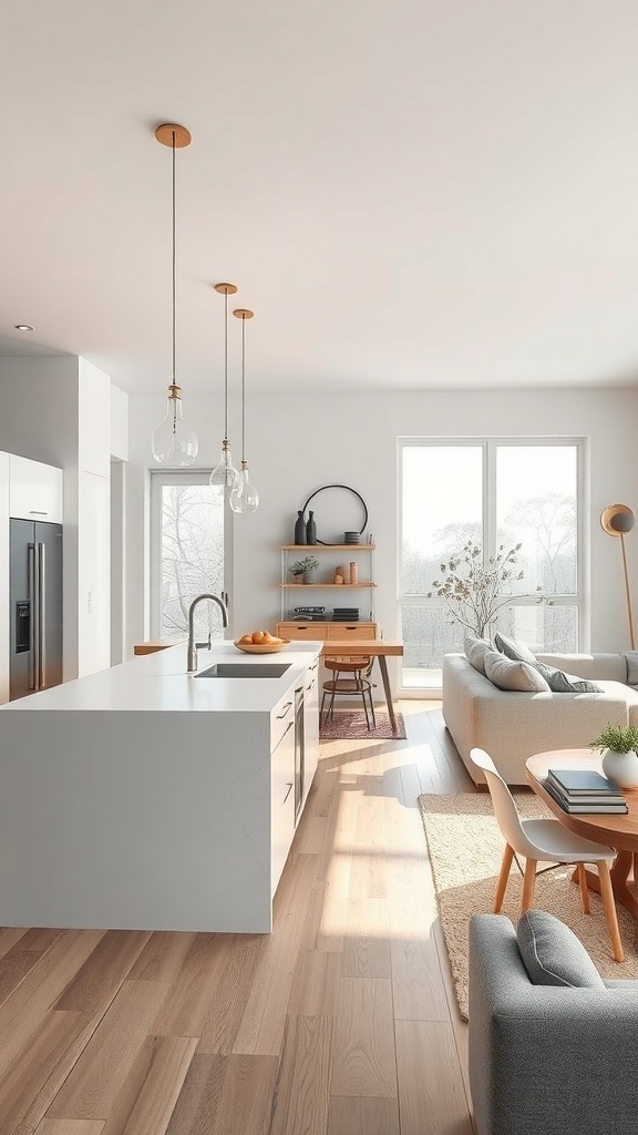 Modern kitchen with open concept layout, featuring natural light and minimalist design.