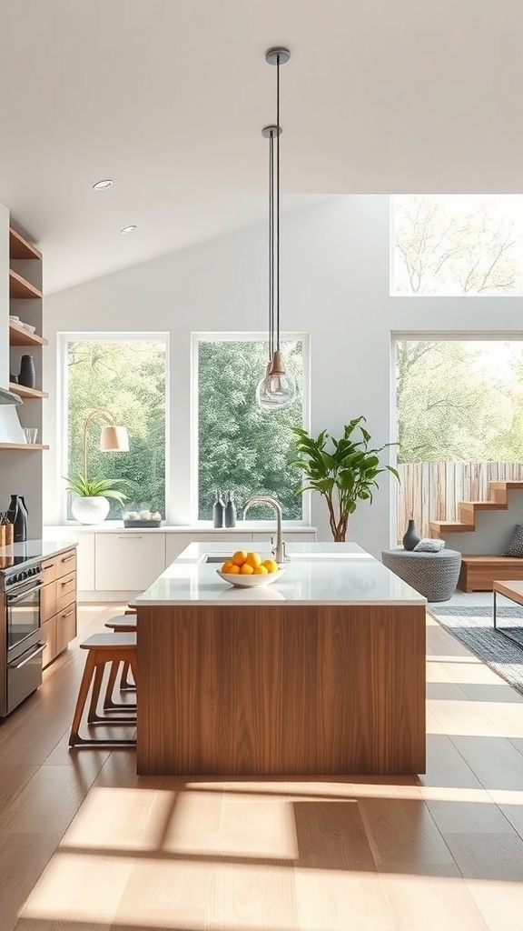 A spacious kitchen with an open concept layout featuring large windows, a central island, and wooden accents.