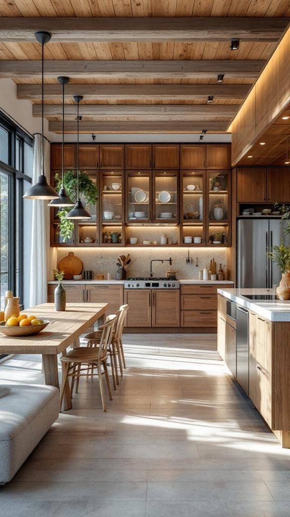Modern kitchen with open concept layout featuring wooden cabinetry, dining table, and natural light.