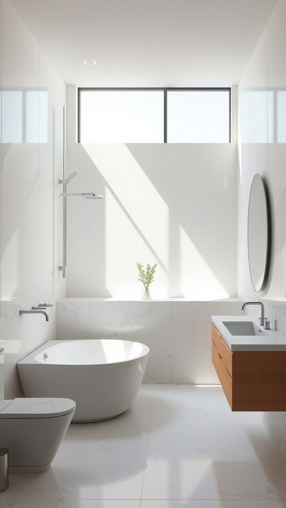 A modern bathroom with an open concept layout featuring a freestanding tub, large window, and minimalist design.