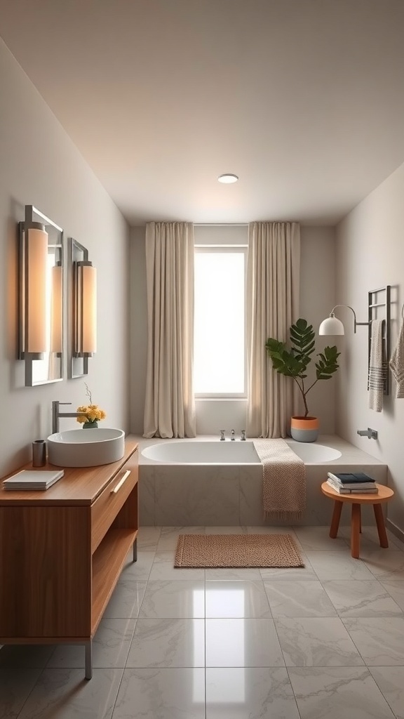 Modern bathroom with an open concept layout featuring a bathtub, sink, and natural light.
