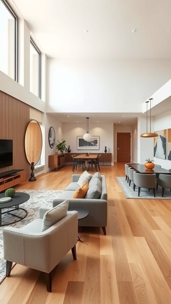 Modern open concept living and dining area with large windows and stylish furniture.