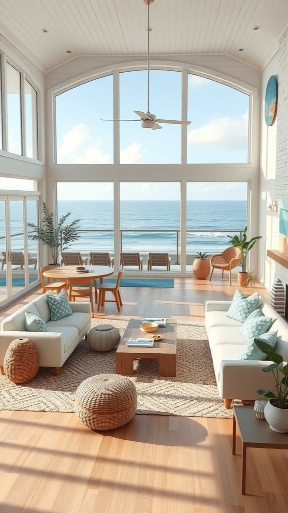 Open concept living area with large windows and ocean view