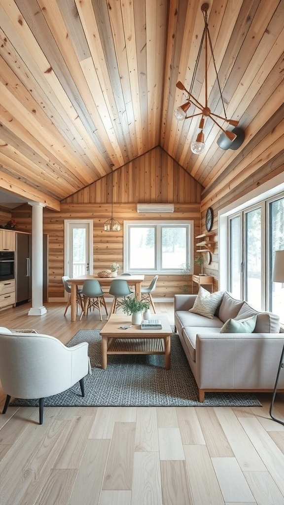 Interior of a winter cabin featuring an open concept living area with wooden walls and furniture.