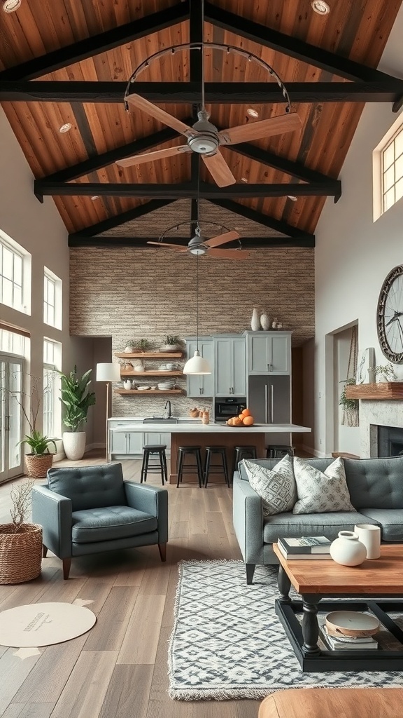 A rustic chic open concept living area featuring high ceilings, cozy furniture, and natural elements.