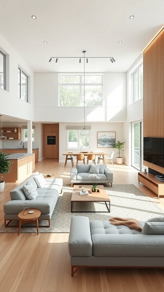 A bright and spacious open concept living room with modern furniture and large windows.