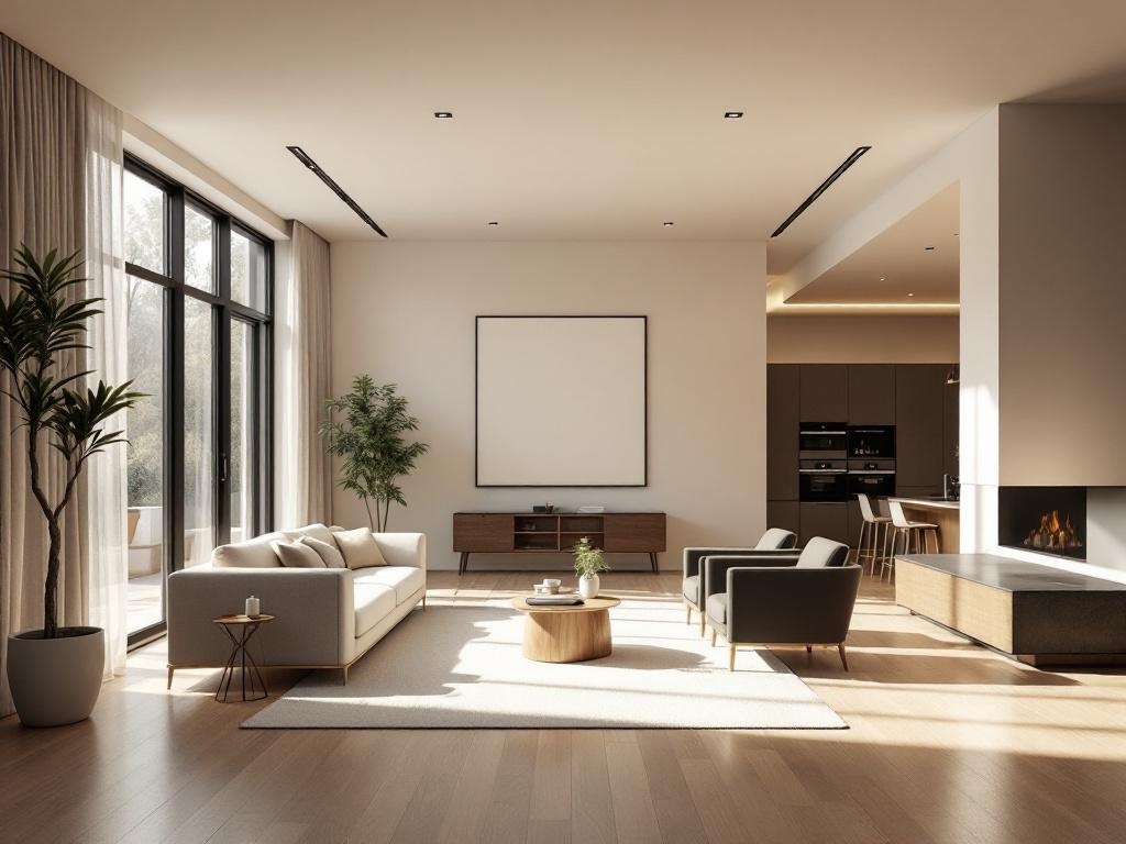 A bright open concept living space with large windows, a comfortable sofa, and a kitchen area.