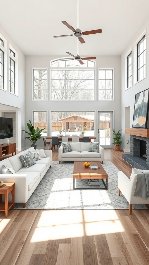 A bright and airy open concept living space in a modern farmhouse style.