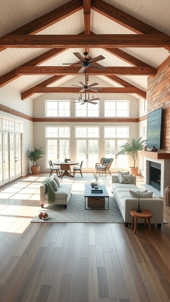 A bright and airy open concept living space with large windows and wooden beams.