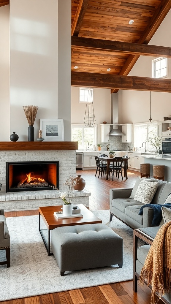 A modern farmhouse living room featuring a fireplace, high ceilings, and open layout.