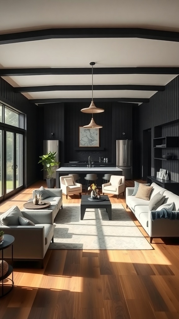 Open concept living space in a black modern farmhouse with light wood flooring and stylish furniture.
