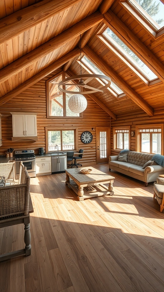 A bright and spacious open concept living area in a log cabin with wooden walls and large windows.