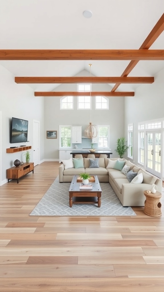 A modern farmhouse living room with an open concept design, featuring large windows and wooden beams.